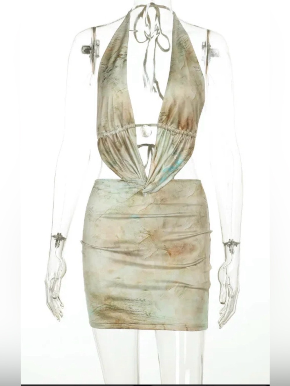 Tie-Front Halter Mini Dress in Sage Marble Print